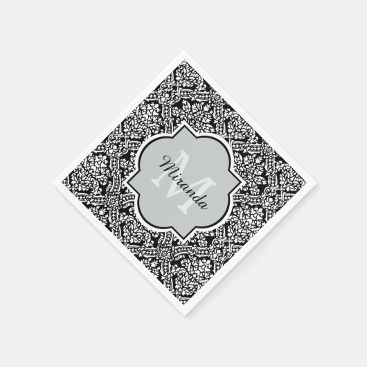 Monogram en naam zwart-wit Damask Pattern Servet (Hoek)