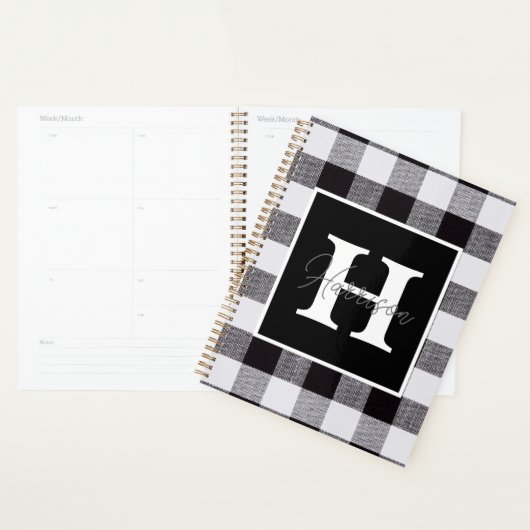 Monogram en naam zwart-wit Gingham Pset Planner (Display)