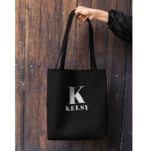 Monogram en naam zwart-wit tote bag