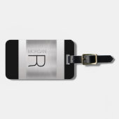 Monogram en naam, zwarte grijze tekst, geborsteld  bagagelabel (Voorkant horizontaal)