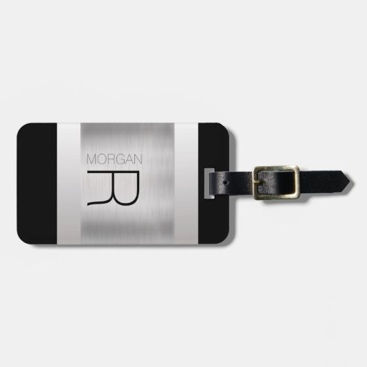 Monogram en naam, zwarte grijze tekst, geborsteld  bagagelabel (Voorkant horizontaal)