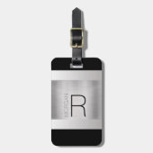 Monogram en naam, zwarte grijze tekst, geborsteld  bagagelabel (Voorkant verticaal)