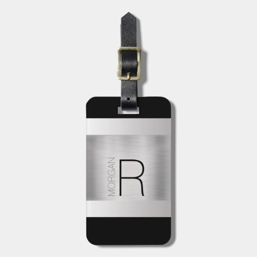 Monogram en naam, zwarte grijze tekst, geborsteld  bagagelabel (Voorkant verticaal)