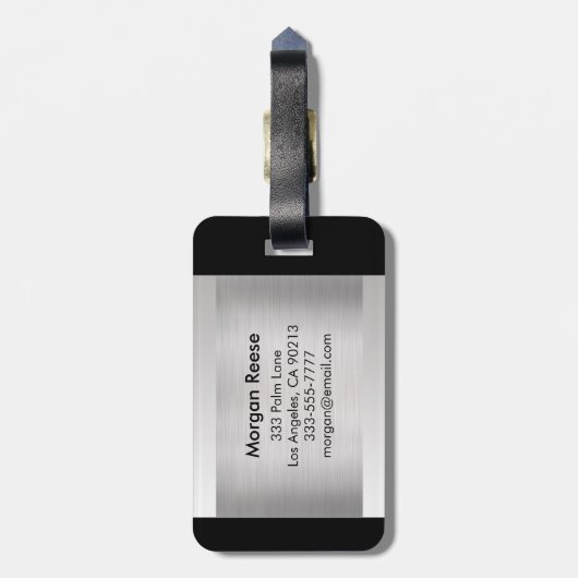 Monogram en naam, zwarte grijze tekst, geborsteld  bagagelabel (Achterkant verticaal)