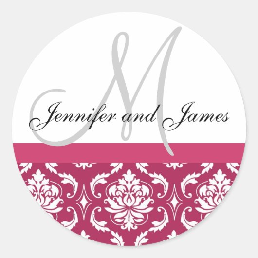Monogram en namen Damask Hot PInk Wedding Sticker (Voorkant)