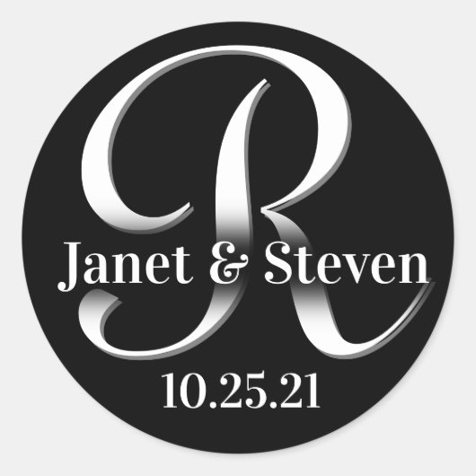 Monogram en Namen Zwart-wit Ronde Sticker (Voorkant)