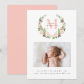 Monogram en Roze Roses Wreatfoto geboorte Aankondiging (Voorkant / Achterkant)