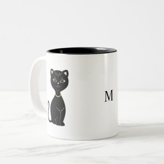 Monogram en Schattigee zwarte kat Tweekleurige Koffiemok (Voorkant links)