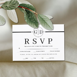 Monogram en streep zwart-wit formele bruiloft RSVP kaartje
