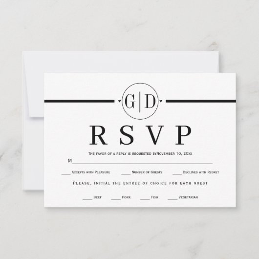 Monogram en streep zwart-wit formele bruiloft RSVP kaartje (Voorkant)