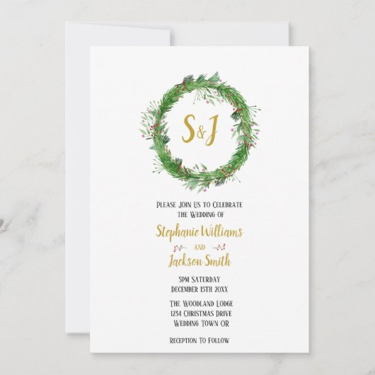 Monogram en Wreath | Winter Greenery Wedding Kaart (Voorkant)