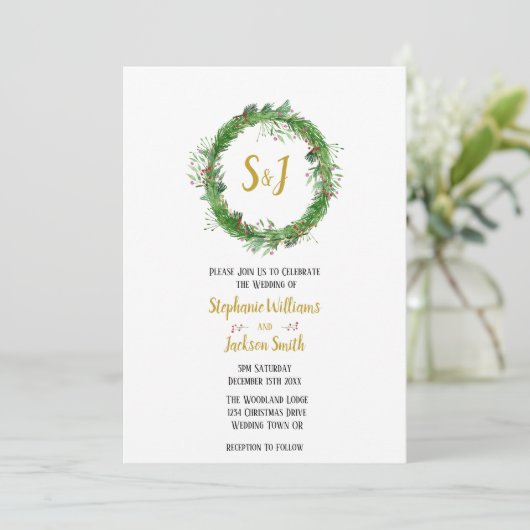 Monogram en Wreath | Winter Greenery Wedding Kaart (Staand voorkant)