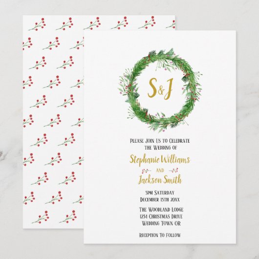 Monogram en Wreath | Winter Greenery Wedding Kaart (Voorkant / Achterkant)
