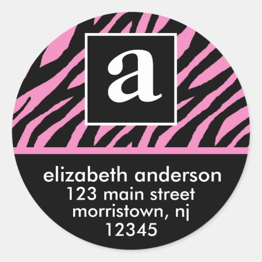 Monogram en Zebra-Adresetiketten Ronde Sticker (Voorkant)