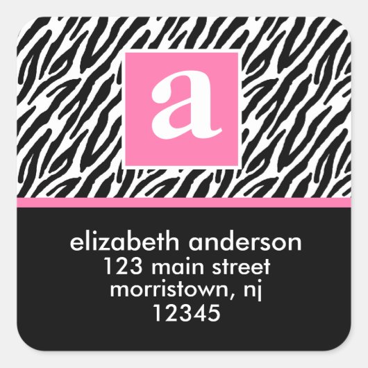 Monogram en Zebra-Adresetiketten Vierkante Sticker (Voorkant)