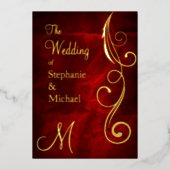 Monogram en zwijn op het Rode Weddenschap Gold Folie Uitnodiging (Voorkant)