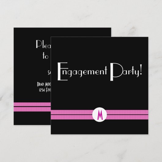 Monogram Engagement Party Black White Pink Deco Kaart (Voorkant / Achterkant)