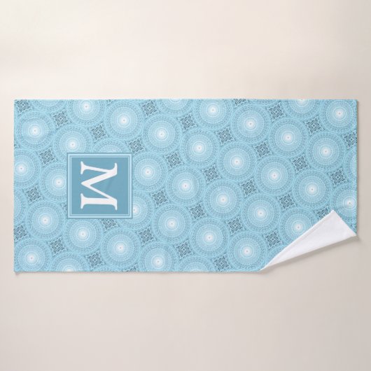 Monogram engel blauw cirkelpatroon badhanddoek (Badhanddoek)