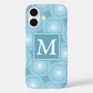 Monogram engel blauw cirkelpatroon iPhone 16 hoesje
