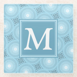 Monogram engel blauw cirkelpatroon glazen onderzetter