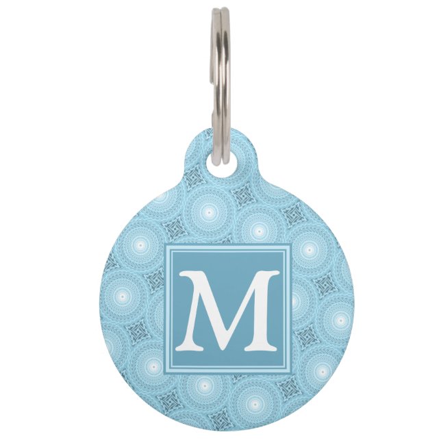 Monogram engel blauw cirkelpatroon huisdierpenning (Voorkant)