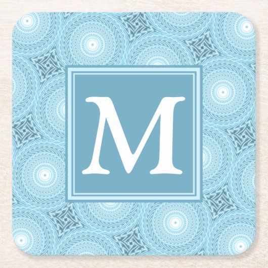 Monogram engel blauw cirkelpatroon kartonnen onderzetters (Voorkant)