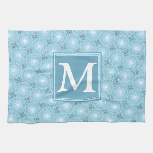 Monogram engel blauw cirkelpatroon theedoek (Horizontaal)
