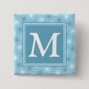 Monogram engel blauw cirkelpatroon vierkante button 5,1 cm