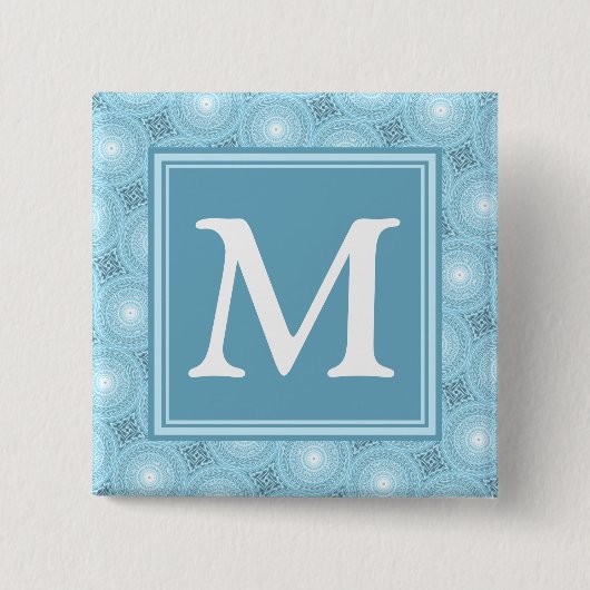Monogram engel blauw cirkelpatroon vierkante button 5,1 cm (Voorkant)