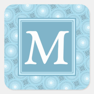 Monogram engel blauw cirkelpatroon vierkante sticker