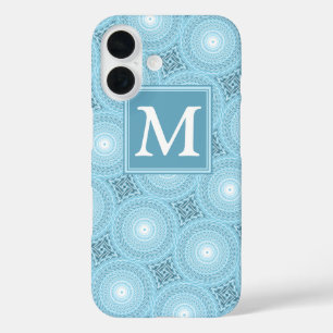 Monogram engel blauwe cirkels patroon iPhone 16 hoesje