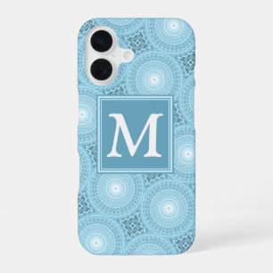 Monogram engel blauwe cirkels patroon iPhone 16 hoesje
