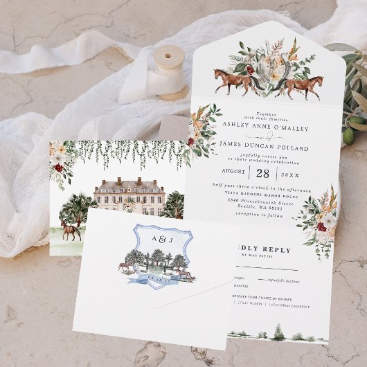 Monogram | Engelse Paarden Manor Bruiloft All In One Uitnodiging