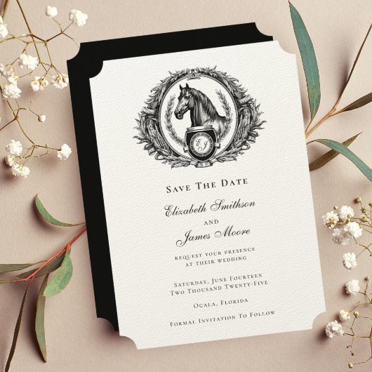 Monogram Equestrian Elegant Formele Crest Bruiloft Save The Date