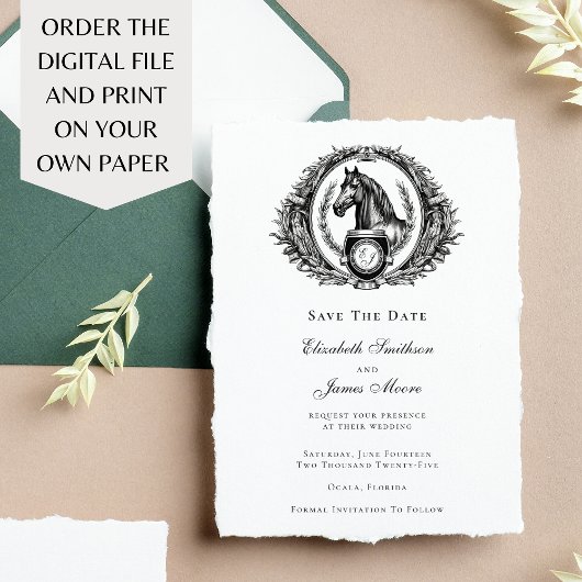 Monogram Equestrian Elegant Formele Crest Bruiloft Save The Date