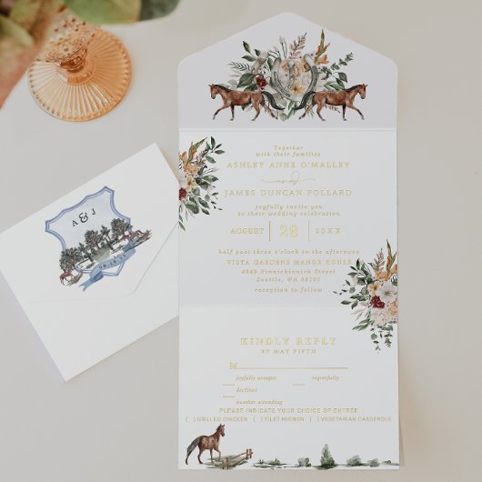 Monogram | Equestrian English Manor Wedding All In One Uitnodiging