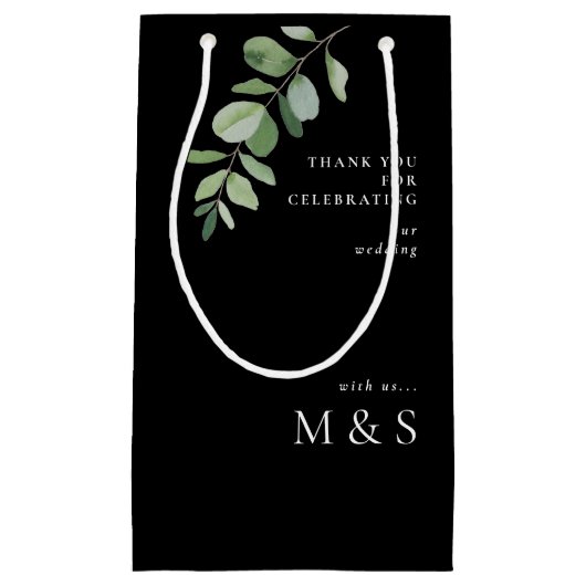 Monogram Eucalyptus Bedankt Bruiloft Zwart Klein Cadeauzakje (Voorkant)