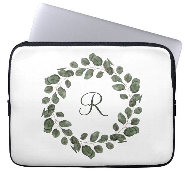 Monogram Eucalyptus blaast elegant modern Laptop Sleeve (Voorkant)