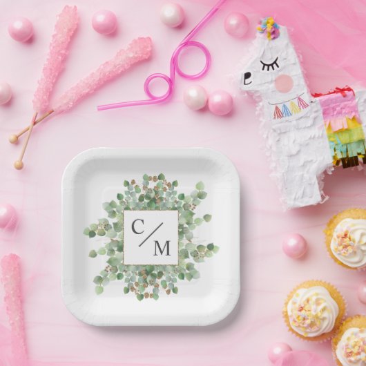 Monogram Eucalyptus Dozen Brownies Papieren Bordje (Feest)