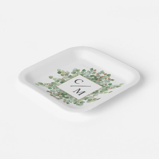 Monogram Eucalyptus Dozen Brownies Papieren Bordje (Gebogen)