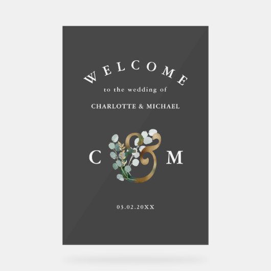 Monogram Eucalyptus greenery Gold bruiloft Acryl Bord (Voorkant)