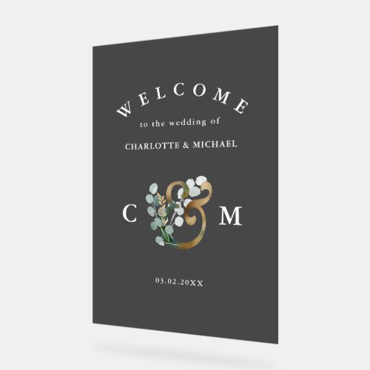 Monogram Eucalyptus greenery Gold bruiloft Acryl Bord (Hoek)