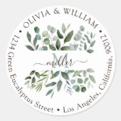 Monogram Eucalyptus Greenery Retouradreslabel Ronde Sticker (Voorkant)