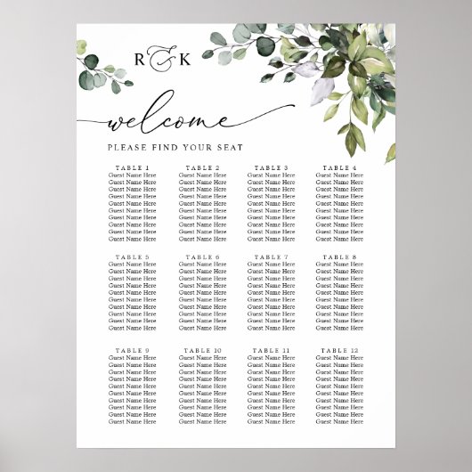 Monogram Eucalyptus Greenery Wedding Seding Chart Poster (Voorkant)