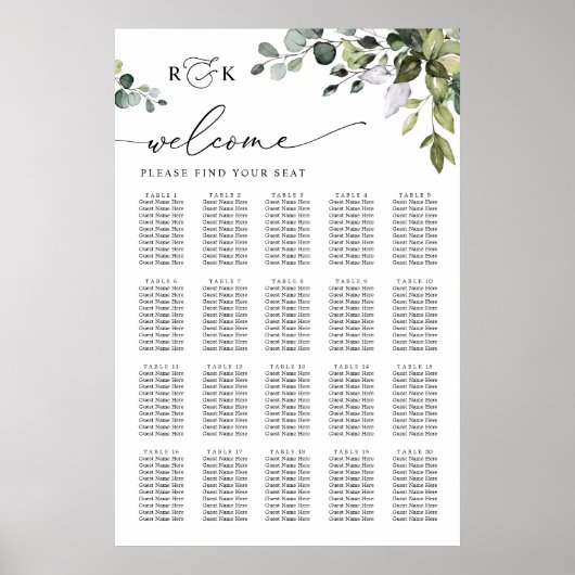 Monogram Eucalyptus Greenery Wedding Seding Chart Poster (Voorkant)