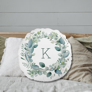 Monogram Eucalyptus groen bladeren bruiloft Rond Kussen
