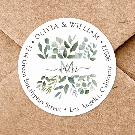Monogram Eucalyptus Groene Retouradreslabel Ronde Sticker