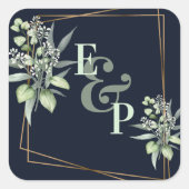 Monogram Eucalyptus Leaves Cute Greenery Wedding Vierkante Sticker (Voorkant)