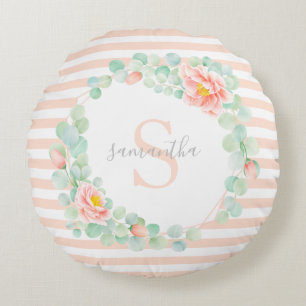 Monogram Eucalyptus Leaves Floral Peach Stripes Rond Kussen