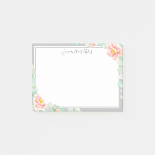 Monogram Eucalyptus Leaves Peony Floral Peach Gray Post-it® Notes (Voorkant)
